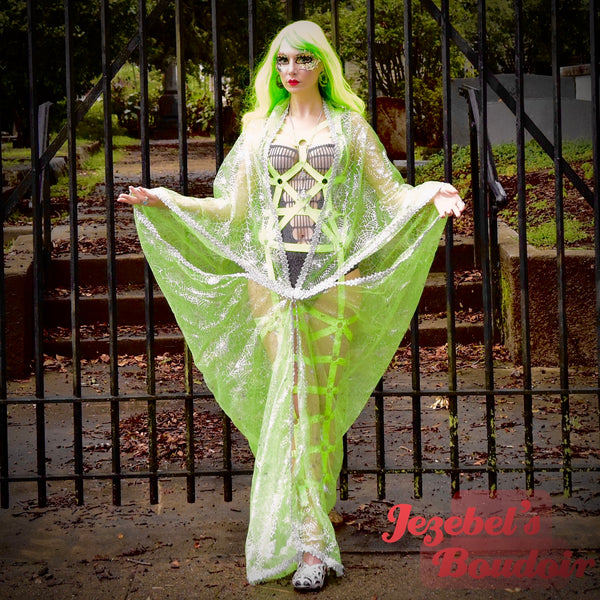Sheer Spider Web Robe, Neon Lime Green Silver Witchy Duster, Halloween Jezebel's Fascination Sheer Spider Web Robe, Neon Lime Green Silver Witchy Duster, Halloween Jezebel's Fascination