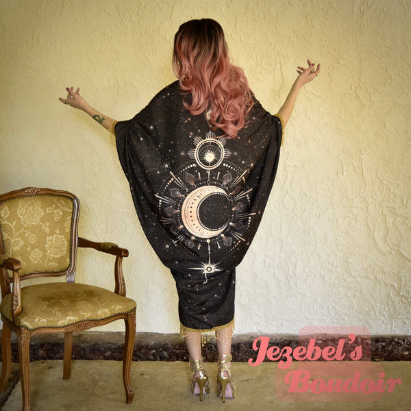 Celestial Moon Phases Star Kimono, Beaded Fringe Duster, Gothic Witch Jezebel's Fascination Celestial Moon Phases Star Kimono, Beaded Fringe Duster, Gothic Witch Jezebel's Fascination
