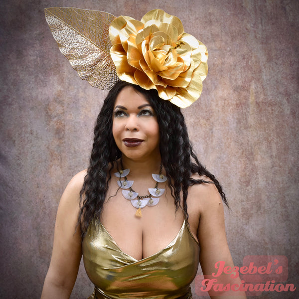 Large Golden Tiki Hibiscus Hair Flower, Oversized Glam Tropical Queen Headdress, Jungle Goddess Headpiece, Dapper Day Large Polynesian Flower Crown, Hukilau Leaf Luau Cruise Party Oasis Viva Las Vegas Summer Floral Tikibilly Mardi Gras Carnival