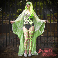 Sheer Spider Web Robe, Neon Lime Green Silver Witchy Duster, Halloween Kimono Costume, Tulle Bat Wing Dressing Gown, Cocoon Robe, Gothic WGT Vampire Ball Poiret Belly Dance Wrap, Bride of Frankenstein Drag Queen Burlesque Theater Hand Made Unique