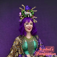 Mardi Gras Fleur de Lis Headband, Jester Fool Headdress, Purple Green Gold Carnival Unique New Orleans Hand Made Headpiece, Parade Novelty Vaudeville Crown, Kitsch Party Elf Fairy Theater Performer Festival