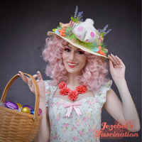 Peter Cotton Tail Easter Hat, Bunny Butt Carrots Funny Unique Hand Made Gay Parade Bonnet, Rabbit Behind Straw Picket Fence Flower Eggs Grass Gingham Ribbon Country Party Hunt Headwear