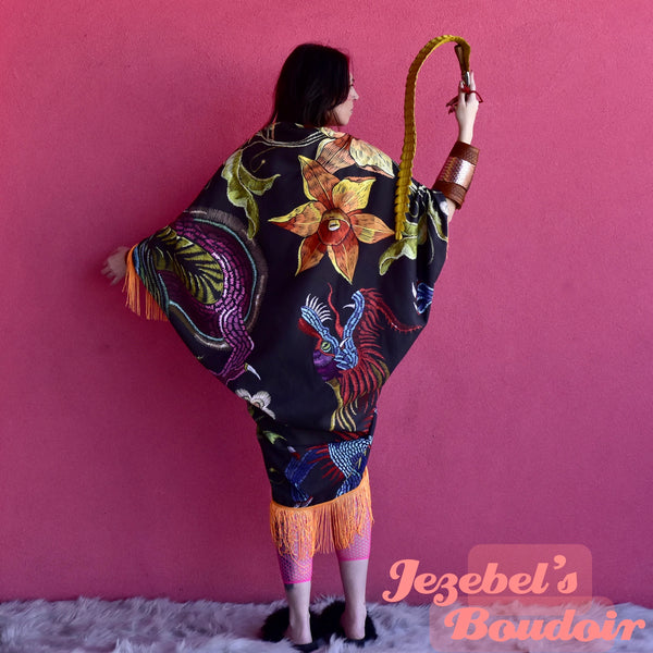 Mystical Dragon Floral Kimono, Fringe Chinese Zodiac Duster, Bohemian Oracle Goddess Bat Wing Asian Festival Cocoon Robe, Black Poiret Serpent Queen Burlesque Costume Cover, Occult Flowing Rave Priestess Burning Man Belly Dance