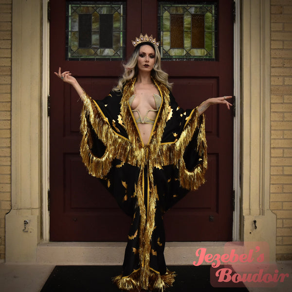 Golden Bat Wing Dressing Gown, Gothic Oddity Fringe Witch Robe, Occult Jezebel's Fascination Golden Bat Wing Dressing Gown, Gothic Oddity Fringe Witch Robe, Occult Jezebel's Fascination