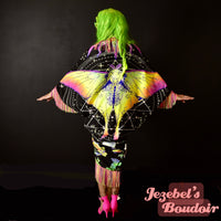 Neon Rainbow Glow Luna Moth Duster, UV Reactive Fringe Moon Phases Wrap, Butterfly Fortune Teller Oracle Robe, Flowing Mystical Empress Kimono, Priestess Dressing Gown, Rave Festival Robe Bohemian Dance Goddess Fantasy Queen Costume