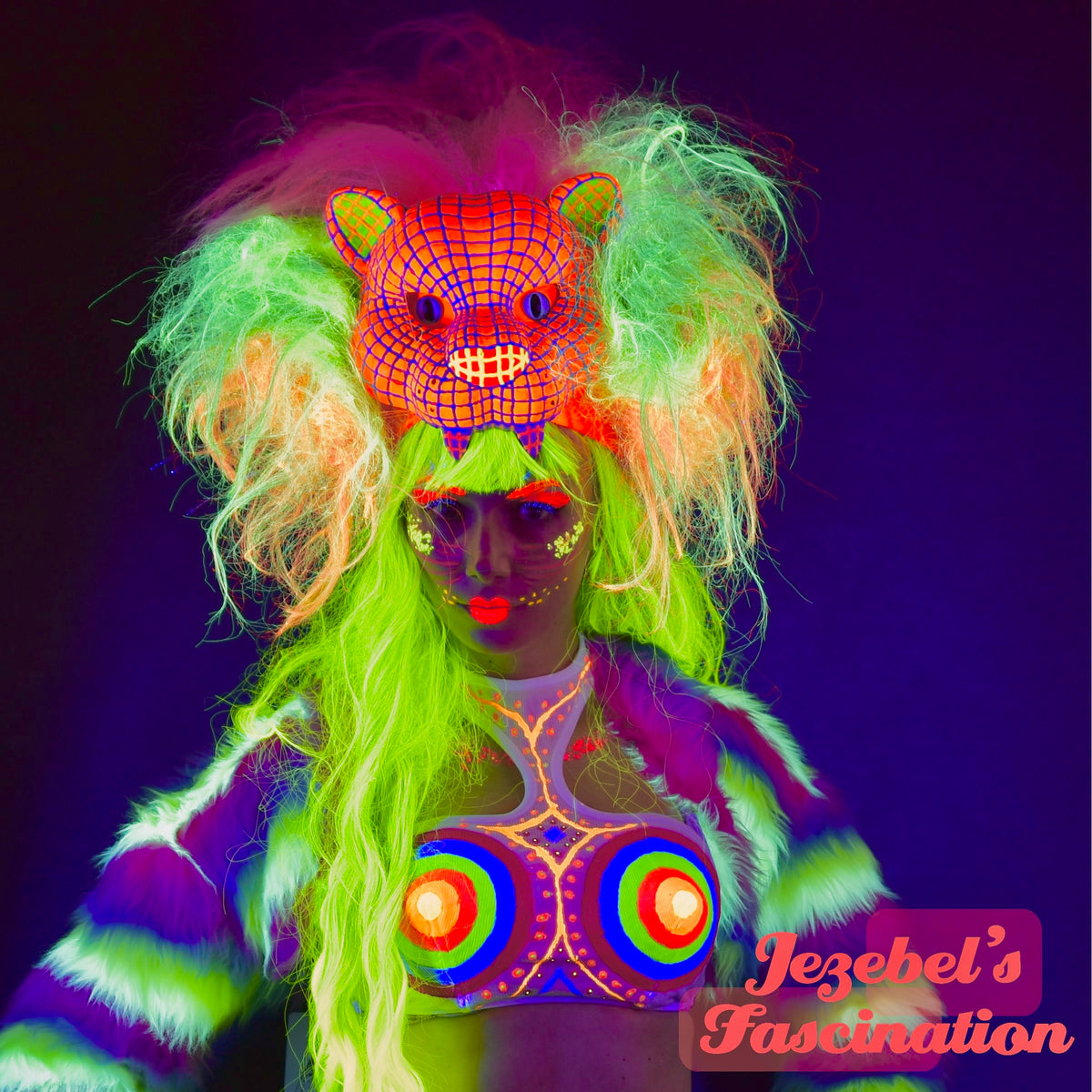Neon Rainbow Rave Neon Rainbow 80s Synthwave Grid Lion Headdress, Glowing Cat Mane Rave ...