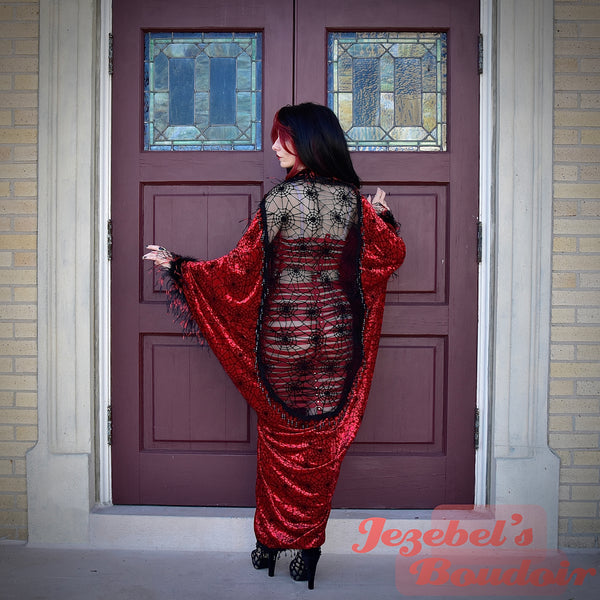 Velvet Sheer Spider Web Robe, Black Red Vampire Duster, Feather Beaded Art Deco Halloween Kimono Costume, Tulle Bat Wing Dressing Gown, Cocoon Robe Gothic Poiret Belly Dance Wrap Drag Queen Burlesque Theater Majestic