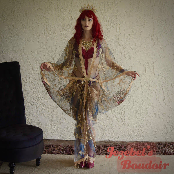 sheer burlesque dressing gown Sheer Majestic Golden Kimono, Ethereal Beaded Fringe Robe, Regal Fortune Teller Art Nouveau Reveal, Bat Wing Bohemian Dressing Gown, Cocoon Duster