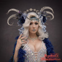 Celestial Nyx Goddess Headdress, Navy Slate Dusky Blue Fairy Flower Crown, Star Crescent Moon Faerie Light Up Halo, Art Nouveau Rose Fantasy Crown, Silver Pagan Burning Man Festival Headpiece Rave Costume Headdress Queen Cosplay Carnival Electric Forest