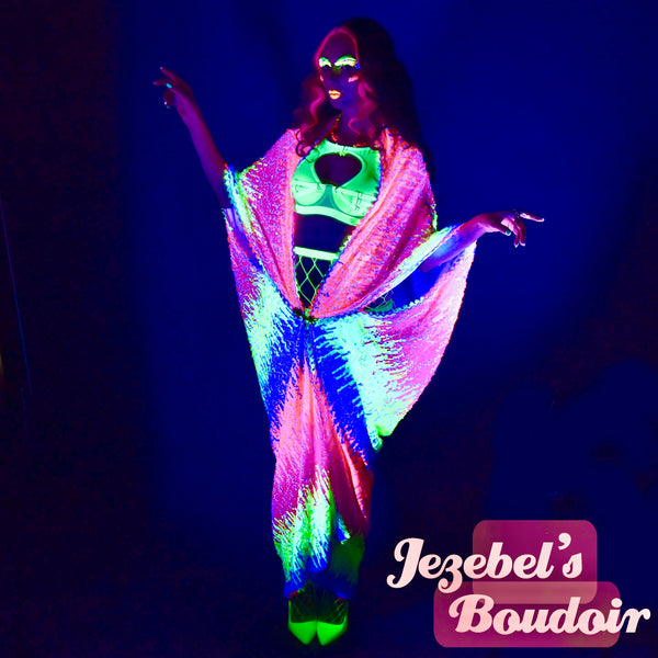 Neon Rainbow Sequin Duster, Glam Festival Glowing Kimono, UV Reactive Black Light Unisex Gown, Rave Festival Synthwave Vaporwave Electric EDC Dressing Robe, Oracle Dance Wrap Shawl Cover, Drag Queen Burlesque Costume Mardi Gras Carnival Goddess