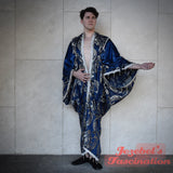Majestic Sapphire Blue Champagne Damask Brocade Robe, Silver Regal Fortune Teller Art Nouveau Pewter Reveal, Bohemian Dressing Gown, Cocoon Beaded Fringe Duster Drag Queen Burlesque Flowing Costume Jacquard My Fair Lady Dance Royal Romantic New Orleans