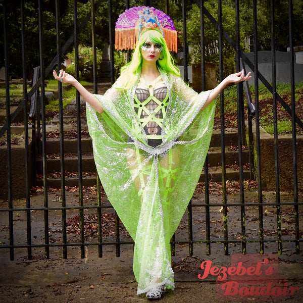 Sheer Spider Web Robe, Neon Lime Green Silver Witchy Duster, Halloween Kimono Costume, Tulle Bat Wing Dressing Gown, Cocoon Robe, Gothic WGT Vampire Ball Poiret Belly Dance Wrap, Bride of Frankenstein Drag Queen Burlesque Theater Hand Made Unique