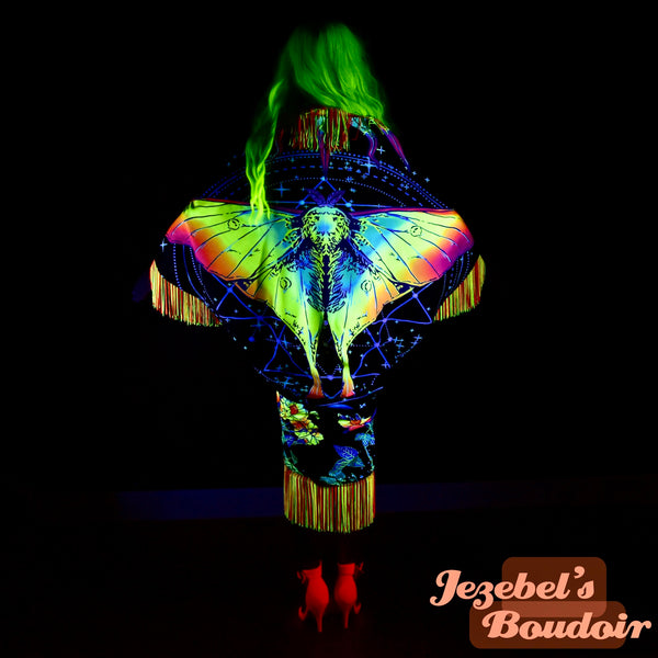 Neon Rainbow Glow Luna Moth Duster, UV Reactive Fringe Moon Phases Wrap, Butterfly Fortune Teller Oracle Robe, Flowing Mystical Empress Kimono, Priestess Dressing Gown, Rave Festival Robe Bohemian Dance Goddess Fantasy Queen Costume