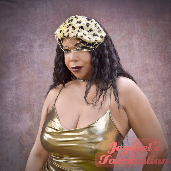 Glamorous Leopard Fur Veil Starlet Fascinator, Gold Movie Starlet Hatinator, Glam Animal Print Lynx Retro Headpiece, Fancy 1940s 1950s Unique Hand Made Headwear, Formal Dapper Day Viva Las Vegas VLV Horse Races Burlesque New Orleans Pin Up Classy Serval