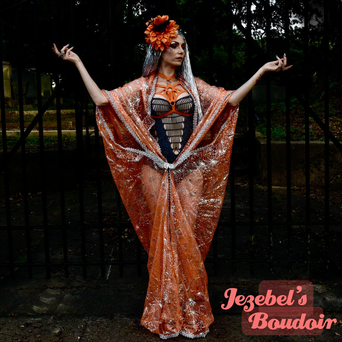 Sheer Spider Web Robe, Neon Orange Silver Witchy Duster, Halloween Kim ...