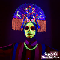 Neon UV Reactive Dia de Muertos Flower Crown, Day of the Dead Skeleton Glow Halo, Unique Catrin Rainbow Rose Calaverita Sugar Skull Headdress, Saint Spider Web Queen Costume, Headpiece Headband WGT Gothic Halloween Festival Fluorescent Black Light