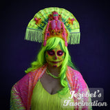 Neon UV Reactive Dia de Muertos Flower Crown, Day of the Dead Skeleton Glow Halo, Catrina Rainbow Rose Calaverita Sugar Skull Headdress, Saint Cross Spider Web Queen Costume, Headpiece Frida Headband WGT Gothic Halloween Festival Fluorescent Black Light