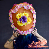 Large Rainbow Easter Rabbit Ears Bonnet, Carrots Eggs Bunny Gay Parade Headpiece, Floral Ribbon Kidcore Headband, Lace Headdress, Kawaii Lolita Flower Crown Garden Party Accessories Hand Made New Orleans Headwear Unique Quirky Funny