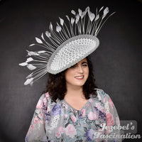 Large Grey White Feather Headpiece, Simple Elegant Hand Made Fascinator, Gray Spring Horse Races Derby Unique Dapper Day Hatinator, Garden Tea Party Summer Elegant Woven Headwear Unique Fantasy Jezebel's Fascination