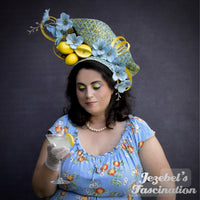 Lemon Slice Woven Hatinator, Blue Blossom Branch Headpiece, Fruit Dapper Day Yellow Headband, Spring Summer Hat, Derby Horse Show Races Fascinator Festival Pin Up Parade Kitsch Formal Easter Garden Tea Party Quirky Hand Made Unique Large Lemonade Citrus