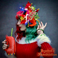 Tacky Christmas Tiki Flamingo Kitschmas Fascinator, Light Up Jungle Belles Santa Hat Headpiece, Pinkmas Poinsettia Hair Flower, Holiday Party Tikimas Unique Hand Made Sippin Santa Pin Up Party Holiday Mele Kalikimaka Kitsch Novelty Googie Bells Headwear