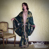 Majestic Emerald Green Golden Damask Brocade Robe, Regal Fortune Teller Art Nouveau Absinthe Reveal, Bohemian Dressing Gown, Cocoon Beaded Fringe Duster Drag Queen Burlesque Flowing Costume Jacquard My Fair Lady Dance Royal Romantic New Orleans