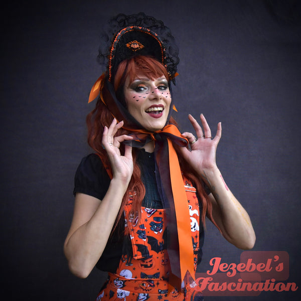 Halloween Bat Cottagecore Victorian Bonnet, Black Orange Gothic Parade Headpiece, Vampire Costume Gothique WGT Headband, Cameo Romantic Lace Ribbon Headdress, Kawaii Lolita Accessories Hand Made New Orleans Headwear Unique Quirky