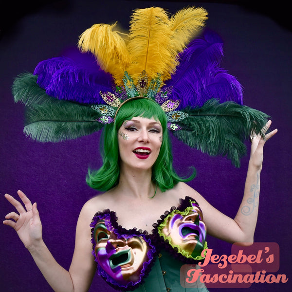 Mardi Gras Feather Headdress, Green Purple Gold Queen Crown, Fleur de Lis Showgirl Festival Carnival Headpiece, Filigree Regal Dramatic Headband, New Orleans Yellow Headwear Unique Dance Burlesque Hand Made Louisiana Romantic Vaudeville