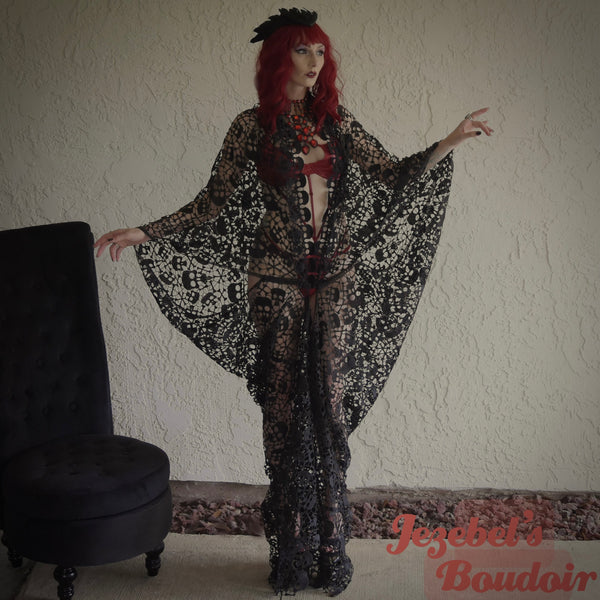 Gothic Black Lace Skull Robe, Ghost Halloween Costume Duster, Bride Bat Wing Dressing Gown, Cocoon Poiret Kimono, Dia de los Muertos, Drag Queen Theater Flowing Voodoo Priestess Shaman WGT Handmade Art Dark Deco Goddess Fortune Teller Oracle Witch