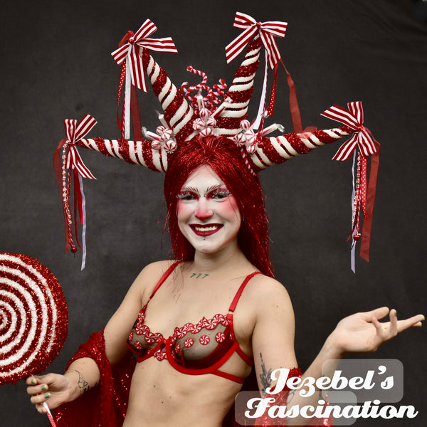 Large Peppermint Candy Cane Red White Flower Crown, Kitschmas Ugly Christmas Sweater Headband, Elf Faerie Jester Fool Stripes Novelty Kitsch Party Headdress, Fairy Glitter Holiday Headpiece Yule Hand Made Unique Tacky Performer New Orleans Festival