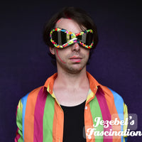 Large Festival Neon Rainbow Mirror Sunglasses, Rave UV Reactive Eye Glasses, Vaporwave Fluorescent Black Light Goggles, Synthwave Frame Sun Glasses, Beach, Festie Trippy Embellished Unique Hand Made Queen Space Burning Man EDC Electric Forest Pride