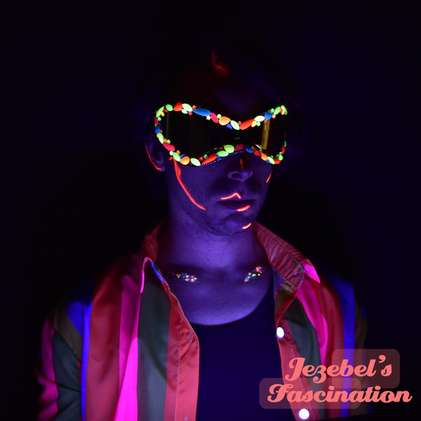 Large Festival Neon Rainbow Mirror Sunglasses, Rave UV Reactive Eye Glasses, Vaporwave Fluorescent Black Light Goggles, Synthwave Frame Sun Glasses