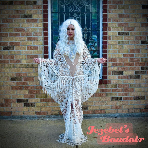 Gothic White Lace Skull Fringe Robe, Ghost Halloween Costume Duster, Bride of Frankenstein Bat Wing Dressing Gown, Cocoon Poiret Kimono, Dia de los Gothic White Lace Skull Fringe Robe, Ghost Halloween Costume Duster, Bride of Frankenstein Bat Wing Dressing Gown, Cocoon Poiret Kimono, Dia de los
