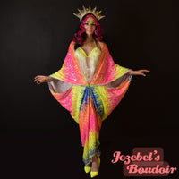 Neon Rainbow Sequin Duster, Glam Festival Glowing Kimono, UV Reactive Black Light Unisex Gown, Rave Festival Synthwave Vaporwave Electric EDC Dressing Robe, Oracle Dance Wrap Shawl Cover, Drag Queen Burlesque Costume Mardi Gras Carnival Goddess