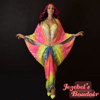 Neon Rainbow Sequin Duster, Glam Festival Glowing Kimono, UV Reactive Black Light Unisex Gown, Rave Festival Synthwave Vaporwave Electric EDC Dressing Robe, Oracle Dance Wrap Shawl Cover, Drag Queen Burlesque Costume Mardi Gras Carnival Goddess