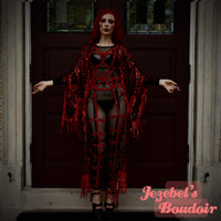 Blood Red Splatter Vampire Costume Robe, Sheer Countess Bathory Glam Gown, Vampyre Ball Bride Bat Wing Kimono, Gothic Romantic Gore Oddity Sequin Fringe Demon WGT Duster Gore Cocoon Poiret Flowing Black Magic Queen Costume Goddess Majestic Halloween