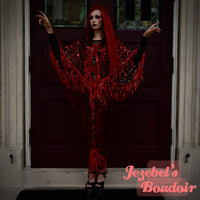 Blood Red Splatter Vampire Costume Robe, Sheer Countess Bathory Glam Gown, Vampyre Ball Bride Bat Wing Kimono, Gothic Romantic Gore Oddity Sequin Fringe Demon WGT Duster Gore Cocoon Poiret Flowing Black Magic Queen Costume Goddess Majestic Halloween