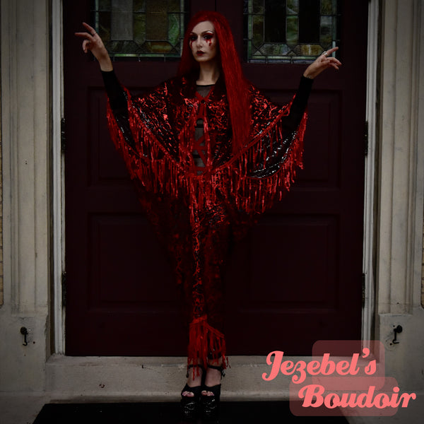 Blood Red Splatter Vampire Costume Robe, Sheer Countess Bathory Glam Gown, Vampyre Ball Bride Bat Wing Kimono, Gothic Romantic Gore Oddity Sequin Fringe Demon WGT Duster Gore Cocoon Poiret Flowing Black Magic Queen Costume Goddess Majestic Halloween