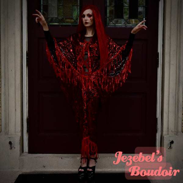 Blood Red Splatter Vampire Costume Robe, Metallic Countess Bathory Gla Jezebel's Fascination Blood Red Splatter Vampire Costume Robe, Metallic Countess Bathory Gla Jezebel's Fascination
