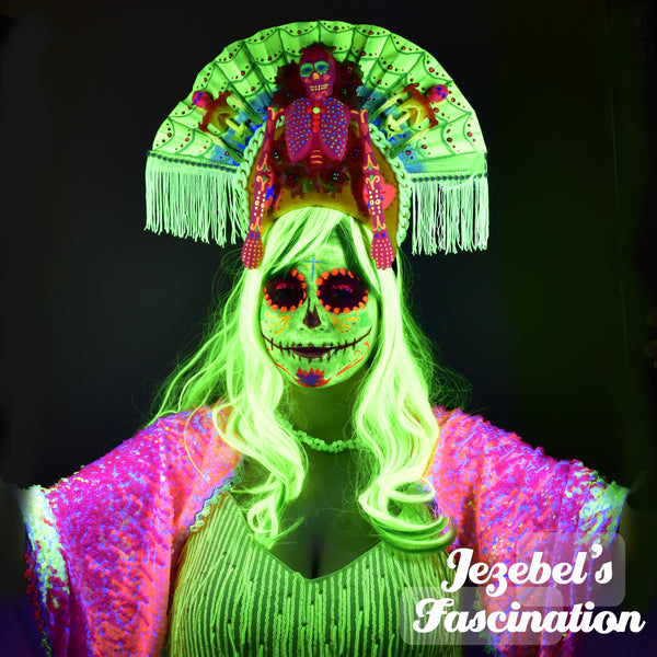 Neon UV Reactive Dia de Muertos Flower Crown, Day of the Dead Skeleton Glow Halo, Catrina Rainbow Rose Calaverita Sugar Skull Headdress, Saint Cross Spider Web Queen Costume, Headpiece Frida Headband WGT Gothic Halloween Festival Fluorescent Black Light