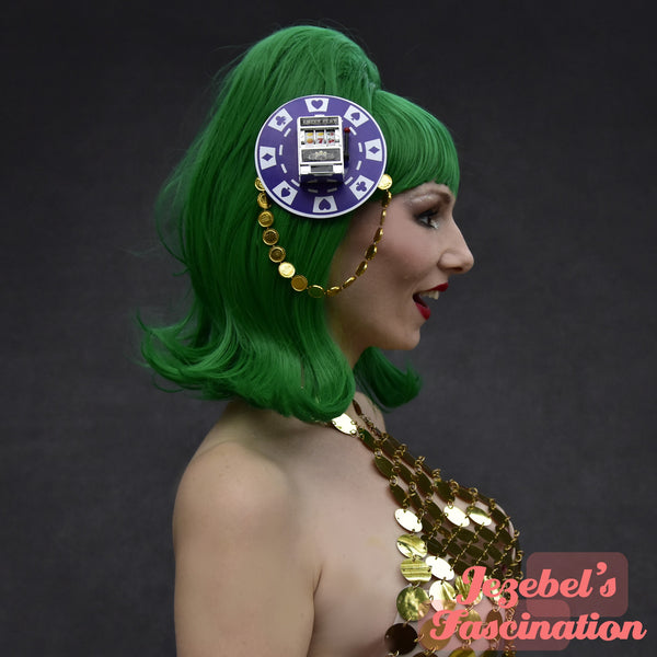 Lady Luck Casino Fascinator, Coins Mini Slot Machine High Roller Viva Las Vegas Burlesque Funny Gambling Headpiece, Pin Up Festival Rockabilly Kitsch New Orleans Headwear Hand Made Carnival Mardi Gras