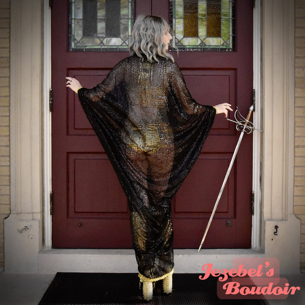 Black Gold Sequin Art Nouveau Rave Bat Wing Dressing Gown, New Year's Eve Festival Duster Erte Robe, NYE Fortune Teller Gatsby Oracle Flowing Kimono, Black Gold Sequin Art Nouveau Rave Bat Wing Dressing Gown, New Year's Eve Festival Duster Erte Robe, NYE Fortune Teller Gatsby Oracle Flowing Kimono,