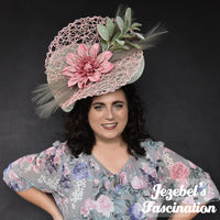 Large Sage Green Pink Fascinator, Dapper Day Spring Summer Floral Headpiece, Net Dusky Pastel Formal Country Horse Races Show Derby Preakness Belmont Ascot Hatinator Hand Made Unique Garden Tea Party Festival Easter Bonnet Parade Romantic Headwear Dusty