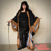 Snakes Art Nouveau Moon Phases Robe, Mystical Eye Star Gold Black Witch Bat Wing Fortune Teller Duster, Oracle Kimono, Flowing Fringe Celestial Dressing Gown, Festival Oddity Robe Flowing Belly Dance Goddess Bohemian Plus Size Costume Priestess Festie