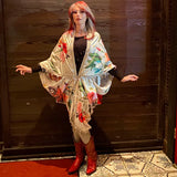 Mystical Snake Floral Kimono, Star Beaded Fringe Duster, Celestial Garden Bohemian Oracle Goddess Bat Wing Witch Red Festival Cocoon Robe, Black Poiret Serpent Queen Burlesque Costume Occult Priestess