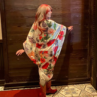 Mystical Snake Floral Kimono, Star Beaded Fringe Duster, Celestial Garden Bohemian Oracle Goddess Bat Wing Witch Red Festival Cocoon Robe, Black Poiret Serpent Queen Burlesque Costume Occult Priestess