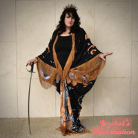 Snakes Art Nouveau Moon Phases Robe, Mystical Eye Star Gold Black Witch Bat Wing Fortune Teller Duster, Oracle Kimono, Flowing Fringe Celestial Dressing Gown, Festival Oddity Robe Flowing Belly Dance Goddess Bohemian Plus Size Costume Priestess Festie