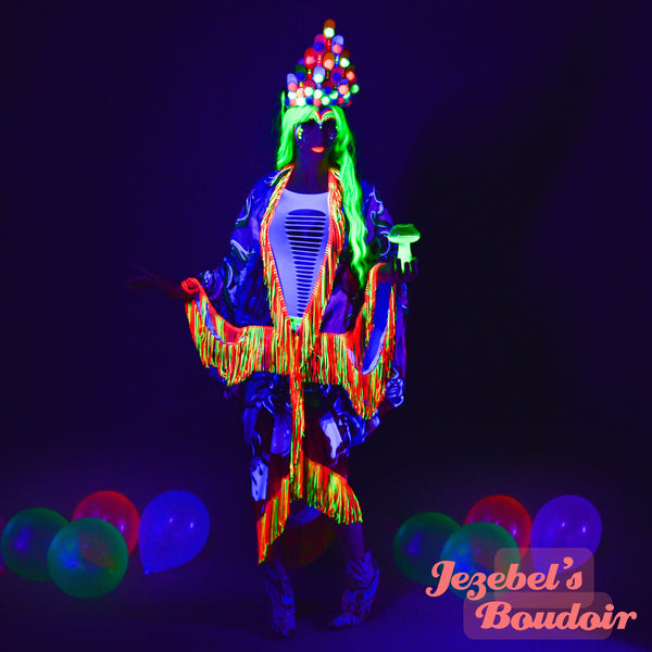 Neon UV Reactive Rainbow Trippy Flowing Duster, Glowing Black Light Kimono, Wonderland Fringe Dressing Gown Cocoon Robe Goddess Belly Dance Wrap Burlesque Costume Festival Boudoir Mardi Gras New Orleans Jezebel's Fascination