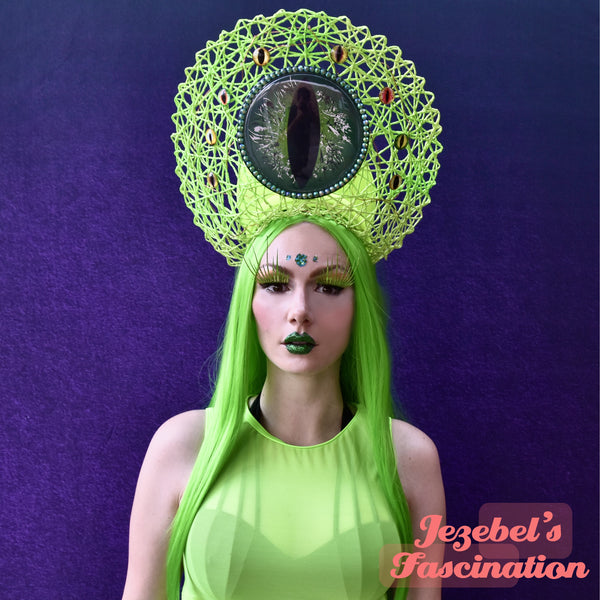 Neon Green Light Up Alien Sci Fi Headdress, Monster Eyes Costume Headpiece, Burning Man EDC UV Reactive Festival Rave Crown, Space Mardi Gras Carnival Cosplay Lime New Orleans Jezebel's Fascination