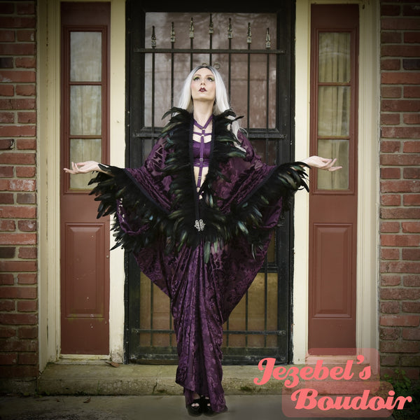 Dark Purple Burn Out Velvet Kimono, Black Feather Fringe Vampire Witch –  Jezebel's Fascination